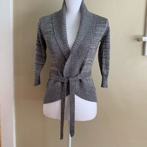 IZ Byer Cardigan Sweater Gray Silver Shimmer Open Belted 3/4 Sleeve Small